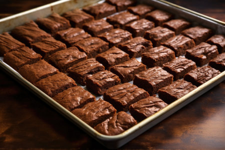 rows of fresh brownies cooling on a baking tray, created with generative aiの素材
