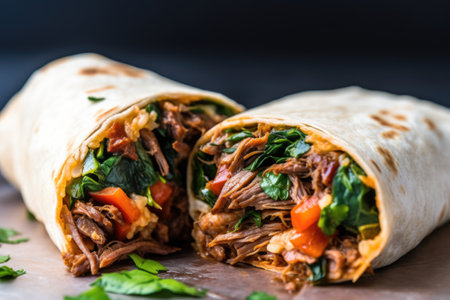close up of burrito showing texture of the wrap, created with generative aiの素材