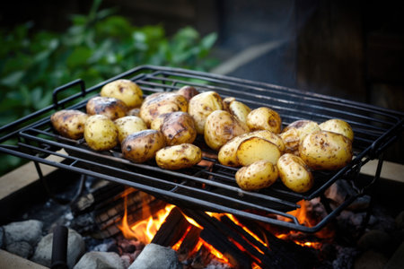potatoes on a makeshift grill over a campfire, created with generative aiの素材