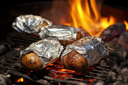 foil-wrapped baked potatoes nestled in smouldering campfire coals, created with generative aiの素材
