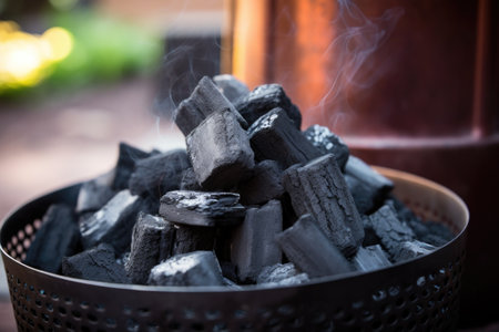 charcoals lit in a chimney starter placed on a brick surface, created with generative aiの素材