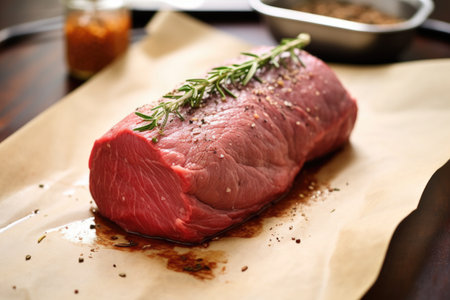 medium-rare beef tenderloin on butcher paper, created with generative aiの素材