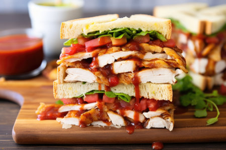restaurant-style chicken club sandwich with layers of fillings and sauces, created with generative aiの素材