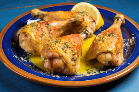 chicken legs coated in yellow garlic butter on a blue plate, created with generative aiの素材