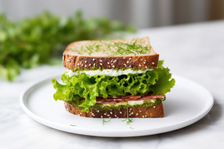sandwich nestled in fresh green lettuce on a white table, created with generative aiの素材