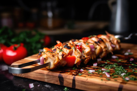a close-up shot of a chicken skewer on a chopping board with a knife, created with generative aiの素材
