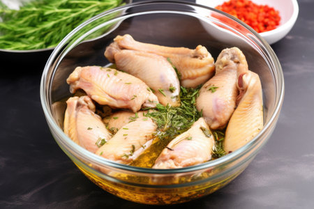 chicken wings marinating in a bowl with spices and herbs, created with generative aiの素材