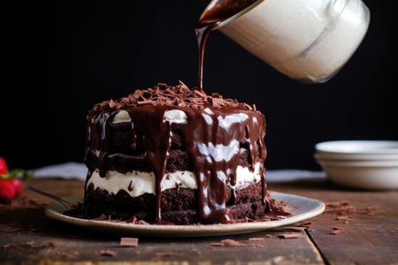 pouring hot fudge over a layered chocolate cake, created with generative aiの素材