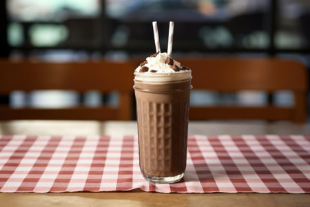 a tall glass of chocolate milkshake on a checkered tablecloth, created with generative aiの素材