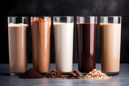 several different chocolate milkshake types aligned in a row, created with generative aiの素材