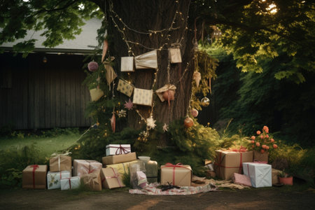 a variety of wrapped presents under an unadorned tree, created with generative aiの素材