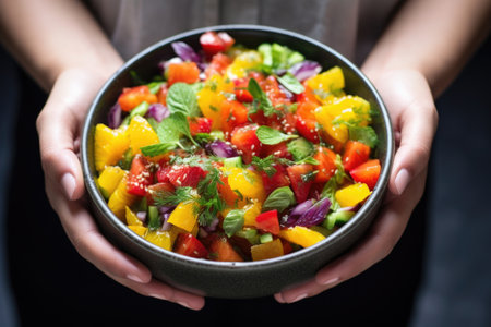 hand holding a fresh citrus fruit salad in a bowl, created with generative aiの素材