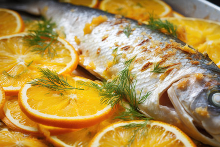 close-up of fish with orange and lemon zest, created with generative aiの素材