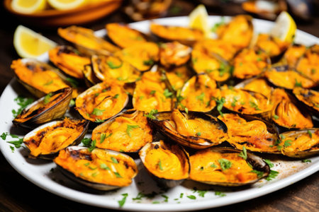 a tray full of grilled mussels, created with generative aiの素材