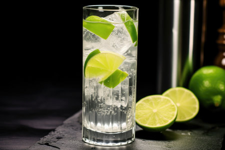 vodka tonic with a wedge of lime in a highball glass, created with generative aiの素材