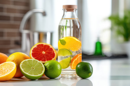 a bottle of club soda positioned amid citrus fruits, created with generative aiの素材