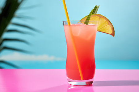 cosmopolitan cocktail with a straw against a colorful cocktail umbrella, created with generative aiの素材
