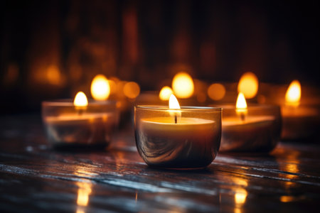 votive candles glowing softly in dark room, created with generative aiの素材