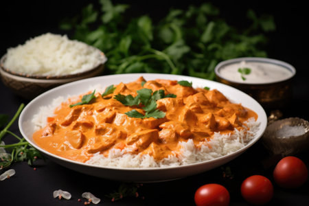 indian butter chicken curry dished out on a plate with rice, created with generative aiの素材