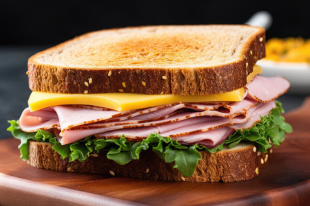 close-up of a ham and cheese sandwich on whole wheat bread, created with generative aiの素材