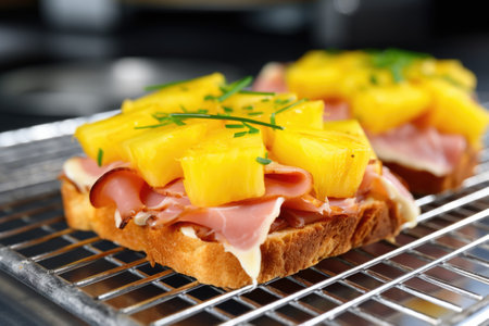 an open-faced smoked ham sandwich with pineapple on a bakery rack, created with generative aiの素材