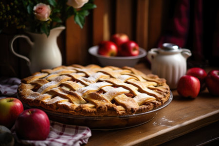 rustic apple pie with lattice crust on a table, created with generative aiの素材