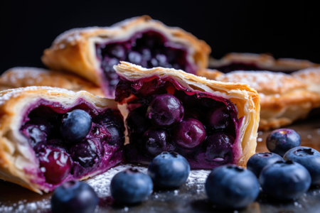 blueberries overflowing from a flaky tart, created with generative aiの素材