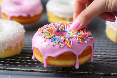 hand placing sprinkles on wet icing of a donut, created with generative aiの素材
