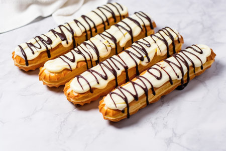 eclairs with white chocolate glaze on a marble countertop, created with generative aiの素材