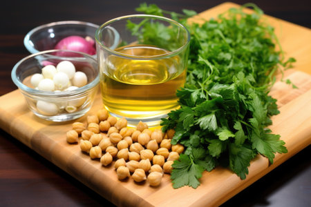 ingredients display: soaked chickpeas, parsley, onion, and garlic, created with generative aiの素材