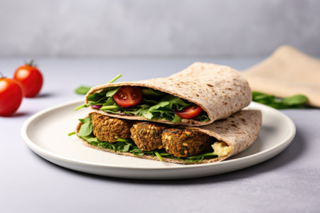 a falafel sandwich wrapped in flatbread on a minimalist background, created with generative aiの素材
