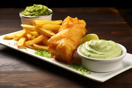 fish and chips served with mushy peas and tartare sauce, created with generative aiの素材