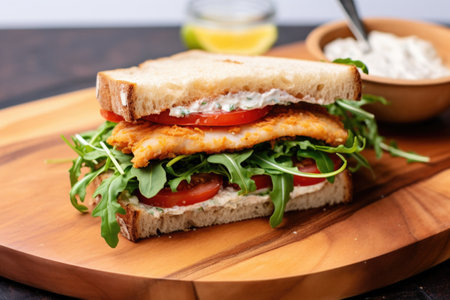 fish sandwich with a bite missing on a wooden board, created with generative aiの素材