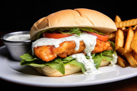 angle view of a fish sandwich with tartar sauce, created with generative aiの素材