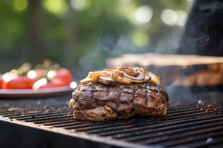 burger with mushroom topping on a hazy, smoking grill, created with generative aiの素材