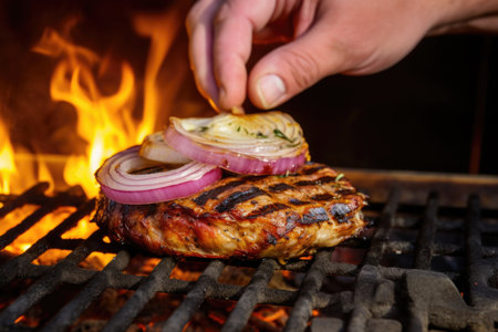 hand placing thick slice of onion onto flame grilled burger, created with generative aiの素材