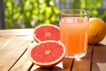 glass of grapefruit juice on a porch table in sunlight, created with generative aiの素材