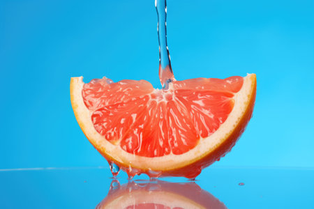 juice dripping from a grapefruit half against a blue backdrop, created with generative aiの素材