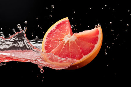 grapefruit segment dropping into a full glass of juice, capturing the splash, created with generative aiの素材