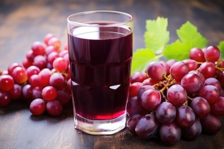 glass of freshly squeezed grape juice next to a bunch of grapes, created with generative aiの素材