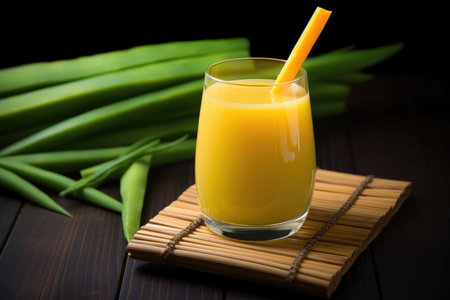 mango juice in a curved glass with a bamboo straw, created with generative aiの素材