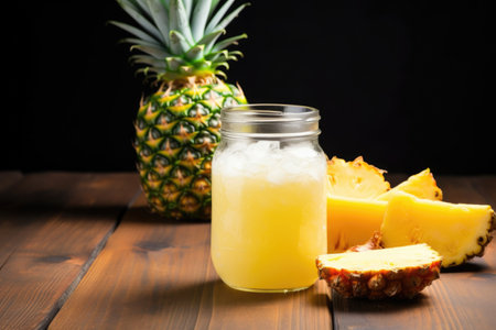pineapple juice in a mason jar on wooden table, created with generative aiの素材