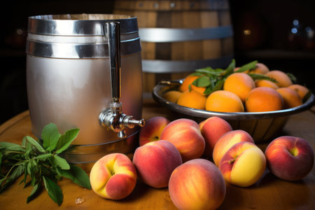 craft beer in a keg next to fresh peaches, created with generative aiの素材