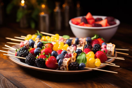 skewers filled with colorful berries on wooden table, created with generative aiの素材