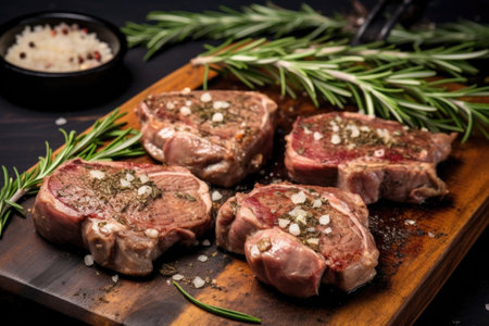 lamb chops coated with minced garlic and chopped rosemary, created with generative aiの素材