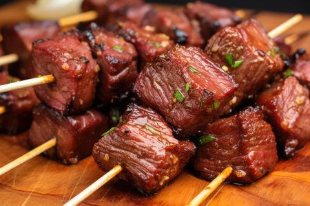 detail view of garlic bbq steak tips texture on a wooden skewer, created with generative aiの素材