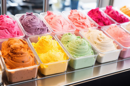 rows of vibrant gelato flavours in an ice cream parlour, created with generative aiの素材