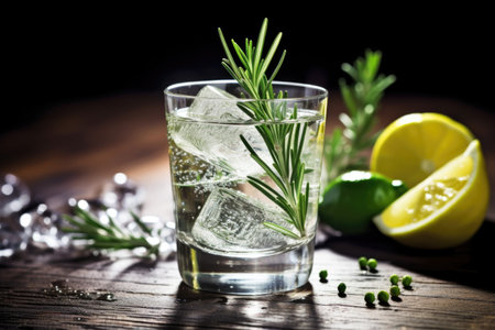 a gin and tonic garnished with a sprig of rosemary, created with generative aiの素材