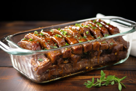 pork ribs in a clear glass dish with glaze spooned on top, created with generative aiの素材