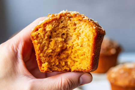 hand a gluten-free muffin in half, revealing the inside, created with generative aiの素材